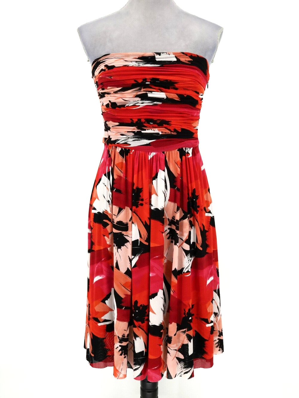 Kay Unger Dress Womens 10 Red Black Floral Strapless Ruched Mesh Side Zip Lined